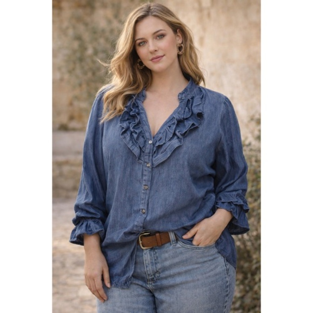 Denim 24/7 Chambray Ruffle Blouse 18W Boho Western Romantic Top Plus Size
